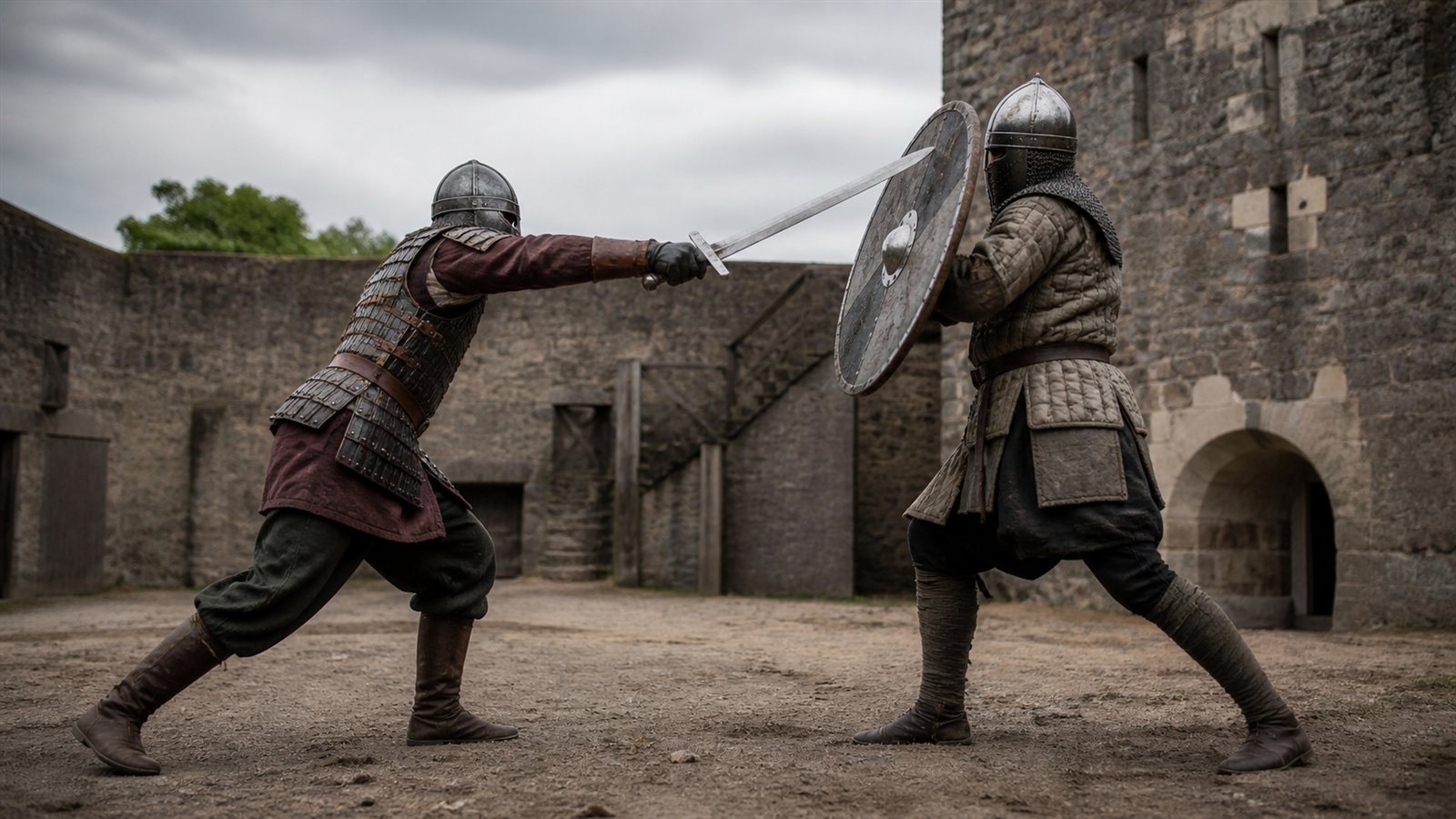 Two armored fighters testing sword accuracy and shield defence in a stone courtyard