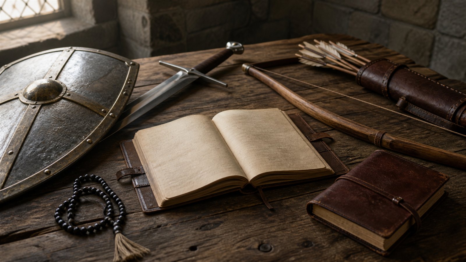 Combat equipment, prayer beads, and a training ledger arranged on a guild table