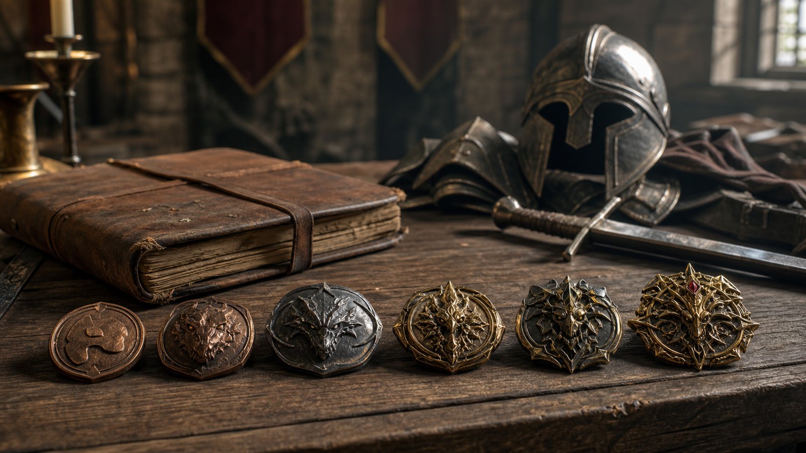 Six increasingly elaborate combat challenge medallions beside a worn journal and armor