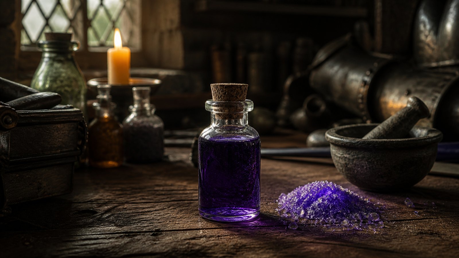 A violet combat potion and crystal dust on a worn apothecary workbench