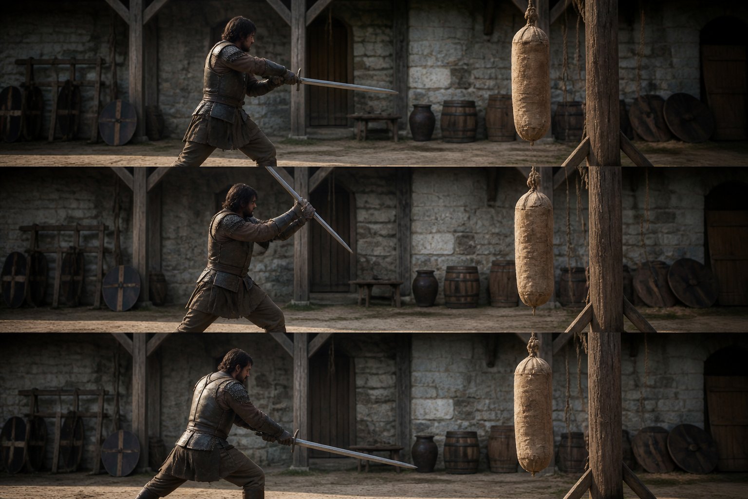 A fighter demonstrating three sword stances against a training target