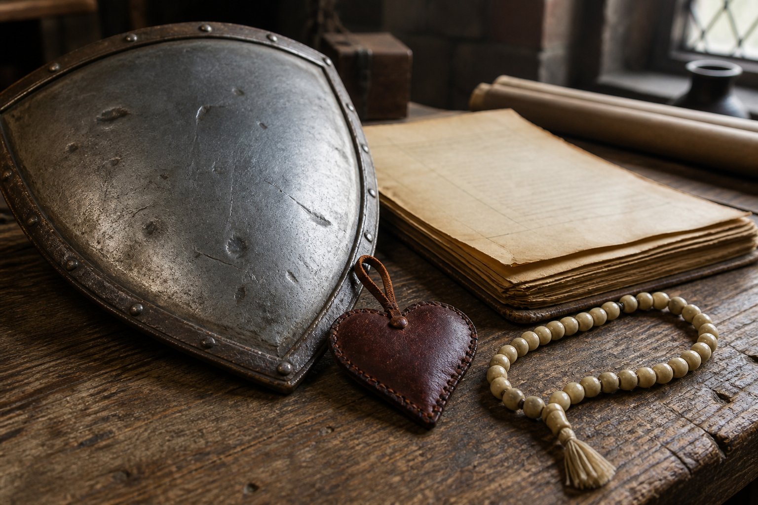 A shield, heart-shaped charm, prayer beads, and ledger representing base combat skills