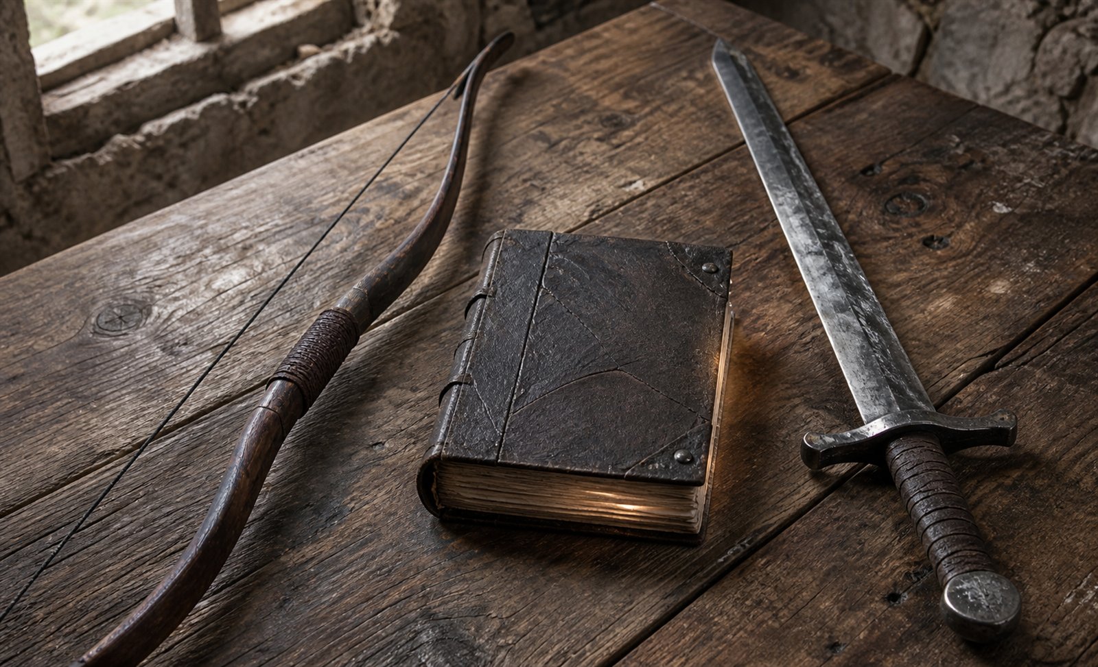 A bow, spellbook, and sword arranged together on a worn planning table