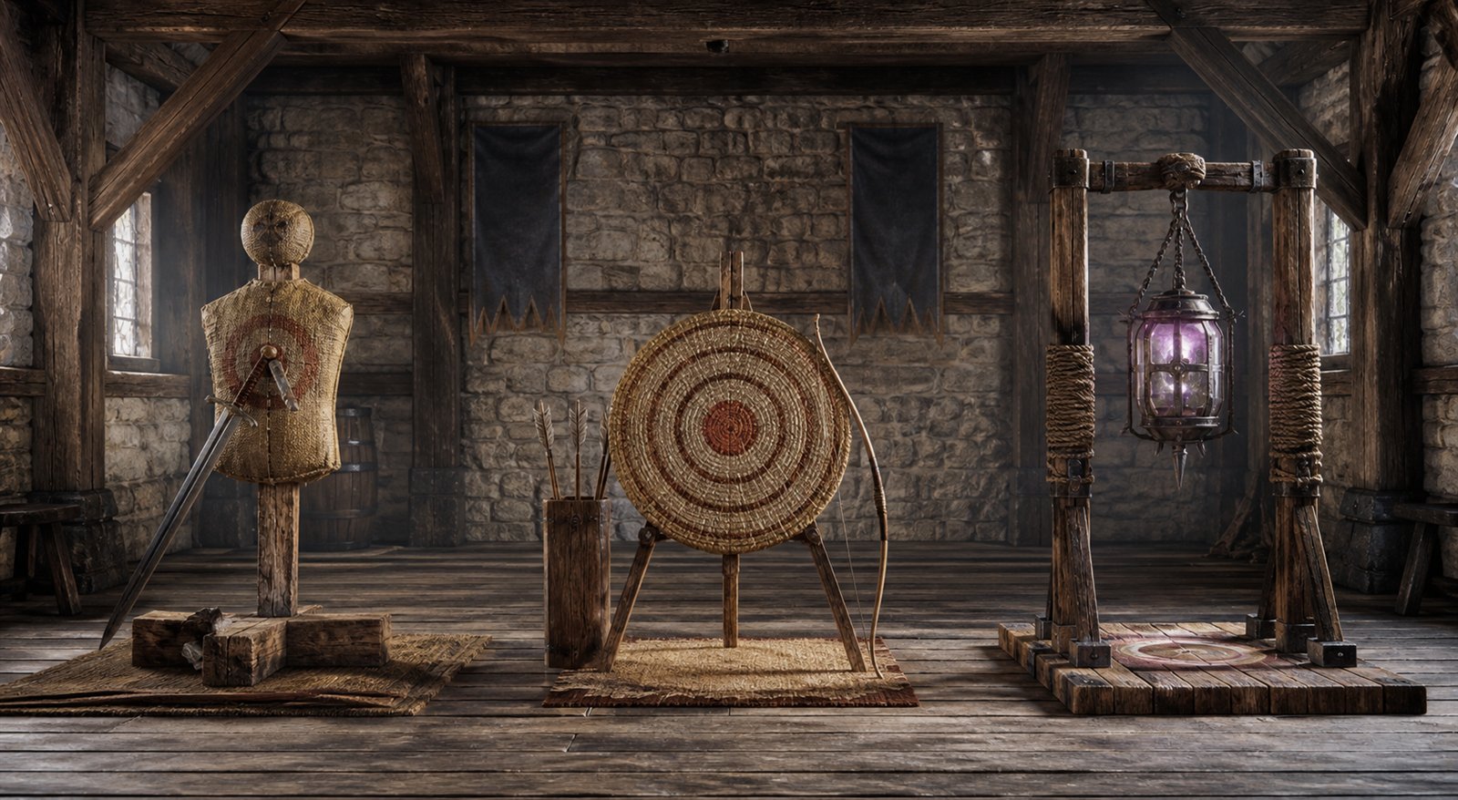 Separate melee, ranged, and magic practice stations in a medieval training hall