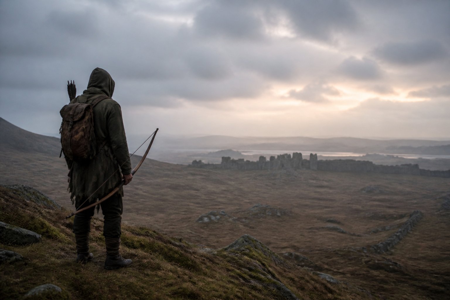 A lightly equipped ranger studying a distant ruined wilderness from a hill