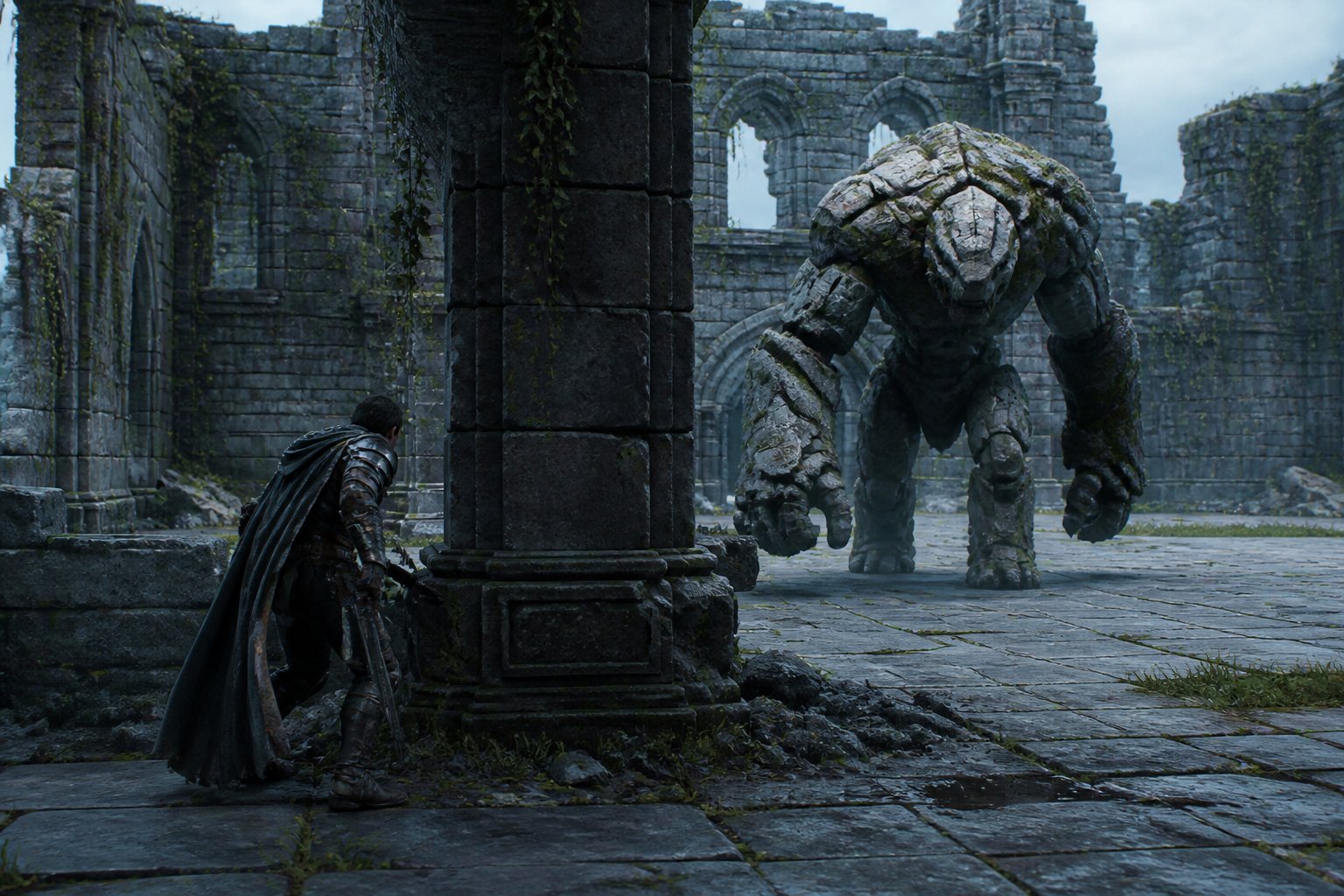 An adventurer using a stone pillar for cover from a large stone creature
