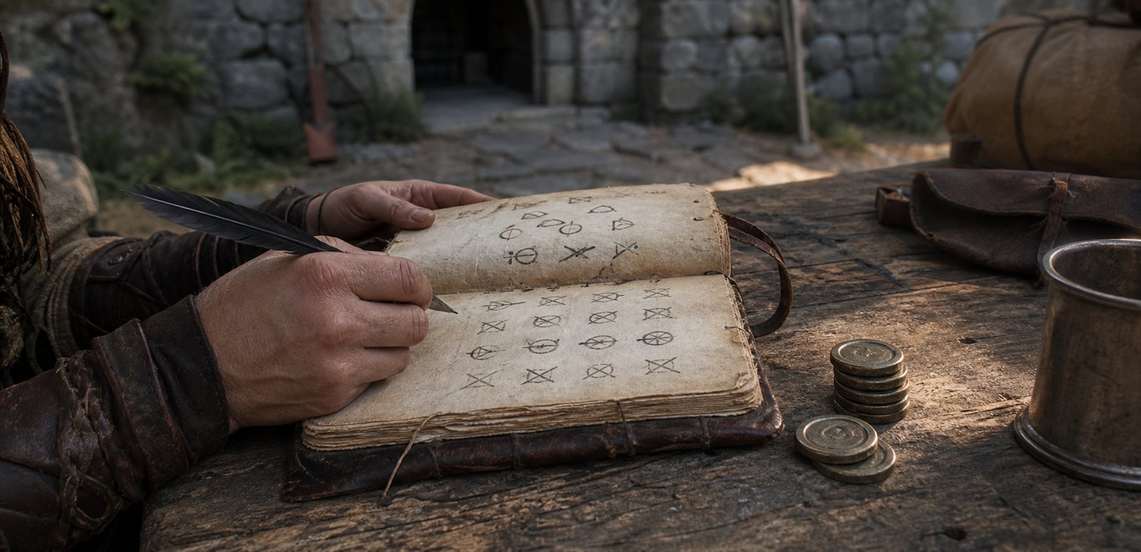 An adventurer marking completed challenges in a journal beside achievement tokens