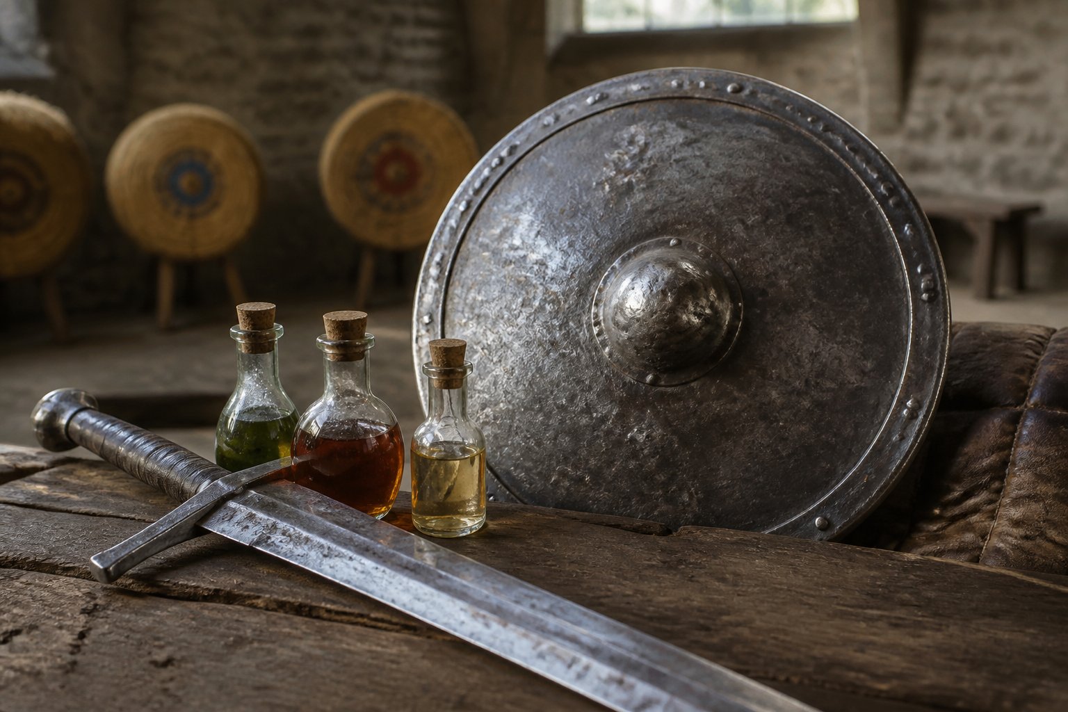 A sword, shield, and three potion vials prepared in a medieval training hall
