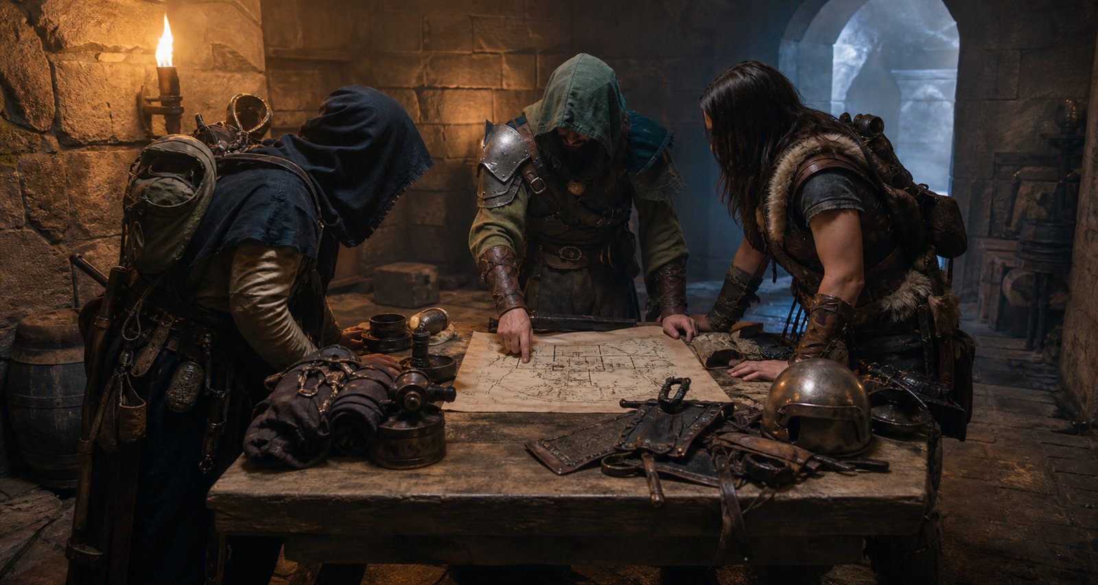 Three adventurers comparing gear and a route map before a difficult encounter