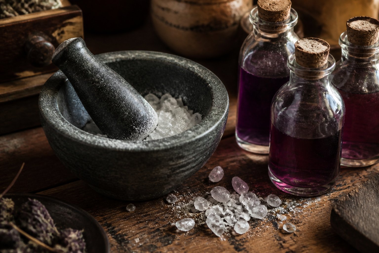 Crystal shards being ground beside purple potion vials on an apothecary bench