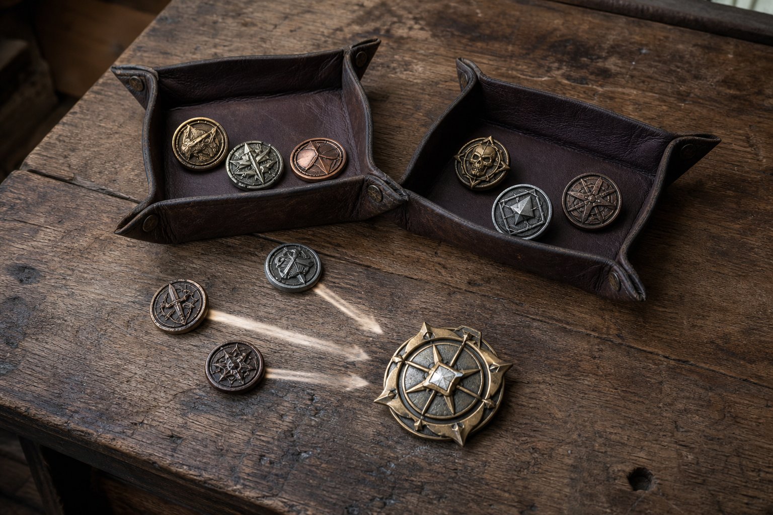 Challenge tokens separated into earned and planned trays with paths toward a larger medallion