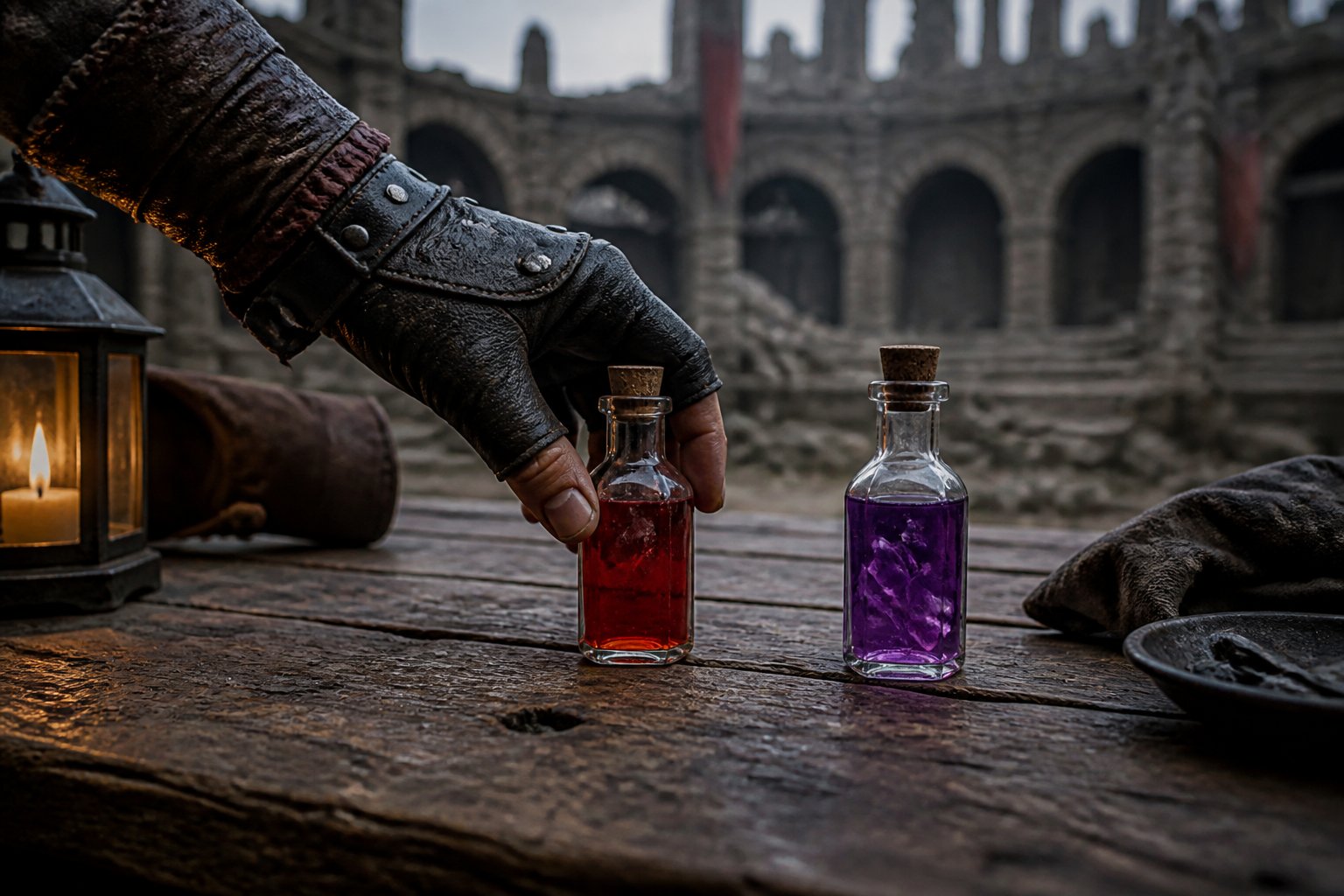 A gloved adventurer choosing between red and violet potion vials before a fight